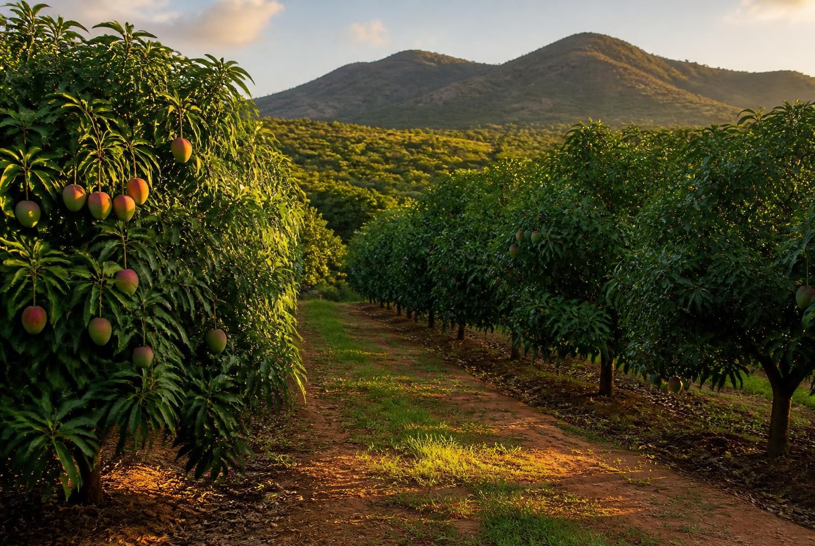 Rows of mango trees in a Limpopo orchard at golden hour