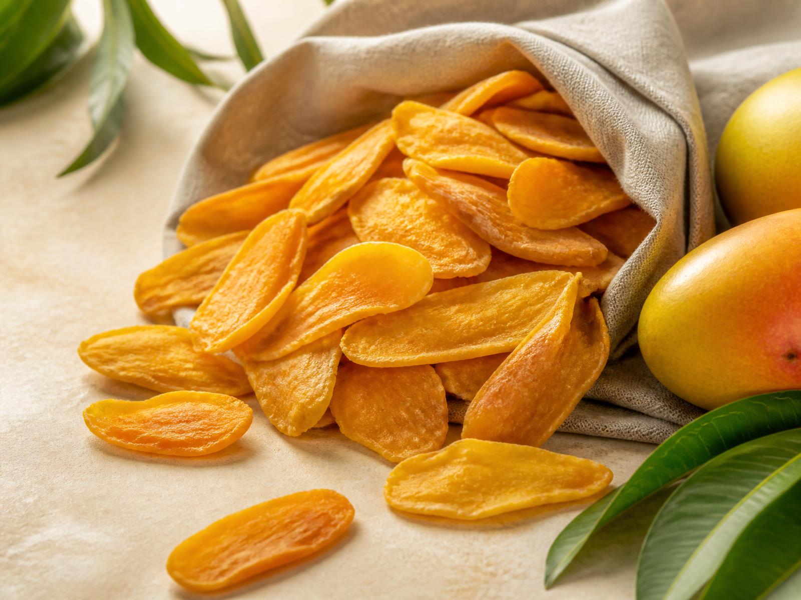 Soft golden dried mango slices spilling from a cloth beside fresh whole mangoes